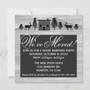 Customizable grey log cabin rustic moving invites