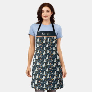Customizable Halloween Ghosts Blue Floral Pattern Apron