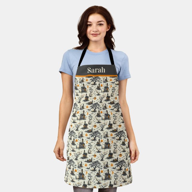 Customizable Halloween Haunted House Pattern Apron (Worn)