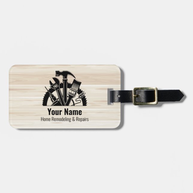 Customizable handyman tools wood luggage tag (Front Horizontal)
