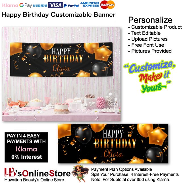 Customizable Happy Birthday Banner 4 (Happy Birthday Gold Black Party Supplies Celebrate Decoration Presents 4.)