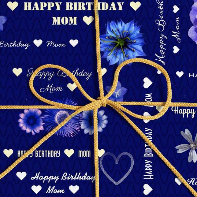Customizable Happy Birthday Mom Navy Dark Floral Wrapping Paper (Creator Uploaded)