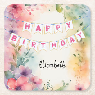 Customizable Happy Birthday Napkins Square Paper Coaster