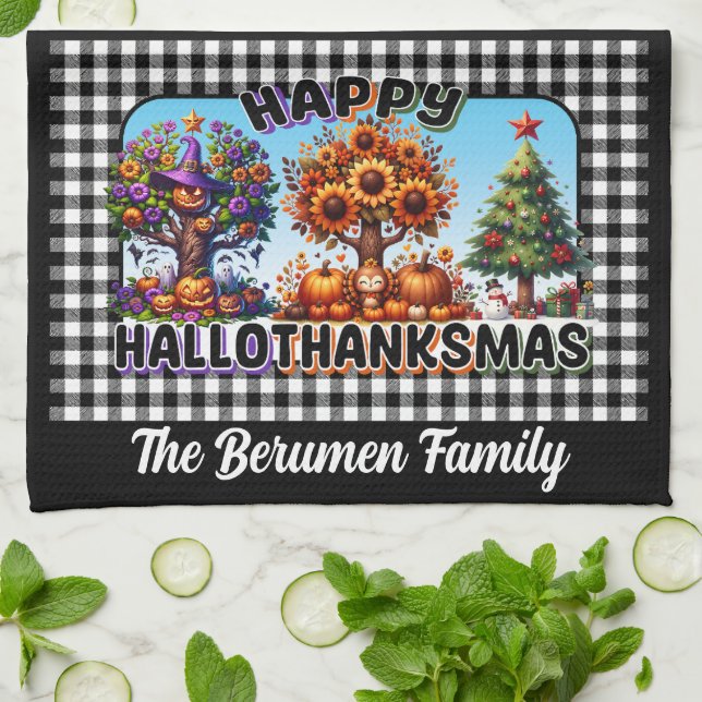 Customizable Happy Hallothanksmas Kitchen Towel (Folded)