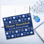 Customizable Happy Hanukkah Blue Pattern Holiday Postcard<br><div class="desc">Beautiful personalized Happy Hanukkah postcard in pretty blue with a cool pattern of Judaism star,  dreidel for fun Chanukah games,  and the Jewish menorah for the holiday. Customize these holiday postcards with your family name.</div>