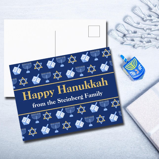 Customizable Happy Hanukkah Blue Pattern Holiday Postcard (Creator Uploaded)