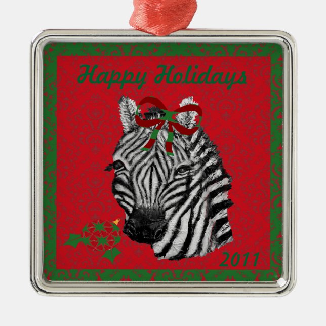 Customizable Happy Holidays Zebra Ornament (Front)