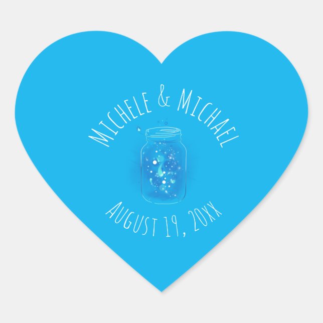 Customizable Heart Shape Wedding Firefly Mason Jar Sticker (Front)