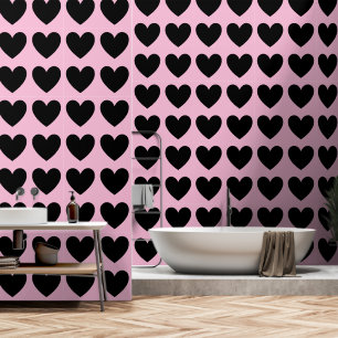 Customizable Hearts Pattern, Black on Pastel Pink Wallpaper