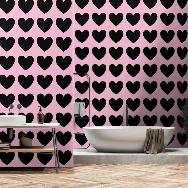 Customizable Hearts Pattern, Black on Pastel Pink  Wallpaper (Bathroom)