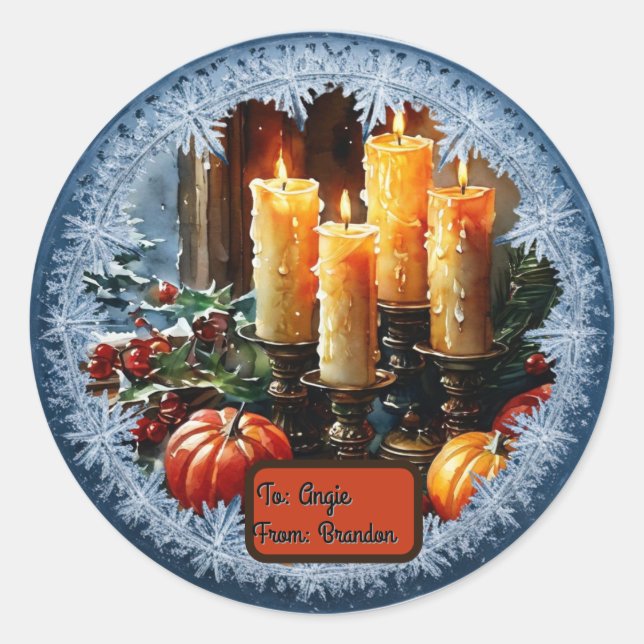 Customizable Holiday Candels In Snowflake Classic Round Sticker (Front)