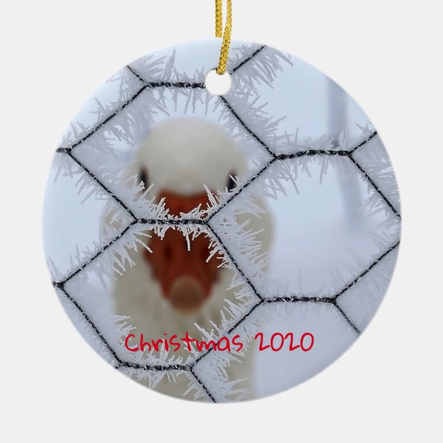 Customizable Holiday Family White Duck Frost Ceramic Ornament (Front)