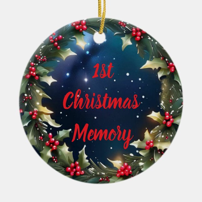Customizable Holly Berry Wreath Keepsake Memory Ceramic Ornament (Front)