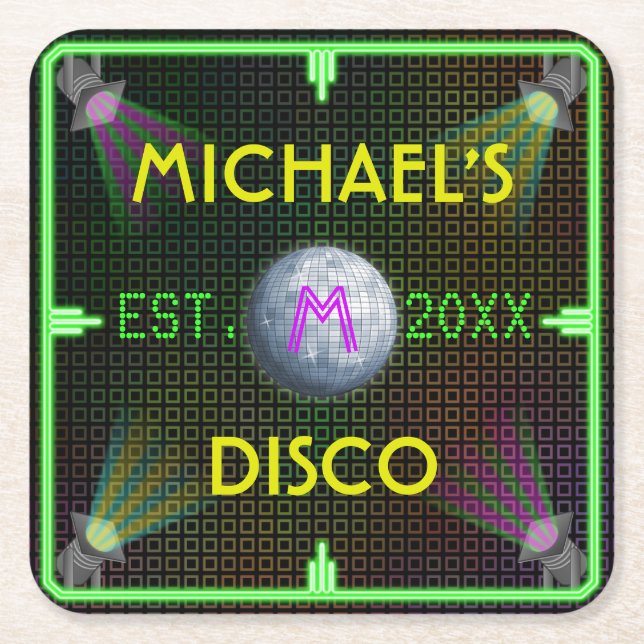 Customizable Home Bar 1970's Disco Ball Square Paper Coaster (Front)