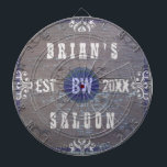 Customizable Home Bar Beer Saloon Dartboard<br><div class="desc">Create your own country western style (rustic American wild west) home bar dart board using this easy, diy template. Made to look like old wood with plenty of vintage flourishes in shades of white, grey and blue, this dart board can be personalized with your own name, initials / monogram and...</div>