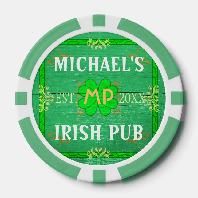 Customizable Home Bar: Green Irish Pub Poker Chips (Front)