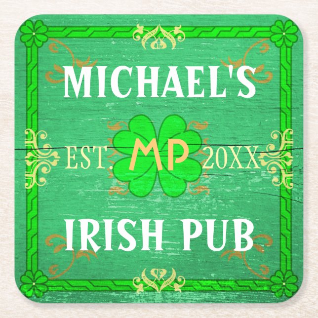 Customizable Home Bar Irish Pub Green Square Paper Coaster (Front)