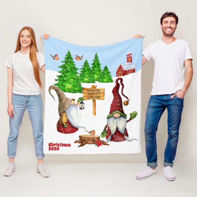 Customizable Home Sweet Home Gnome Winter Scene Fleece Blanket (In Situ)