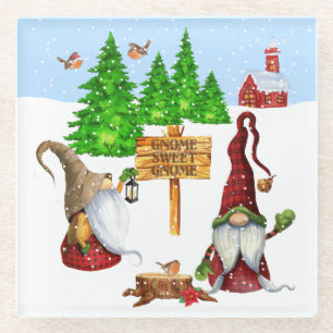 Customizable Home Sweet Home Gnome Winter Scene Glass Coaster