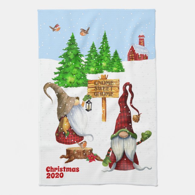 Customizable Home Sweet Home Gnome Winter Scene Kitchen Towel (Vertical)
