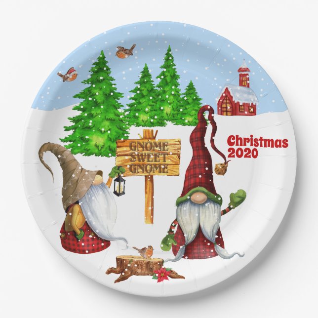 Customizable Home Sweet Home Gnome Winter Scene Paper Plate (Front)