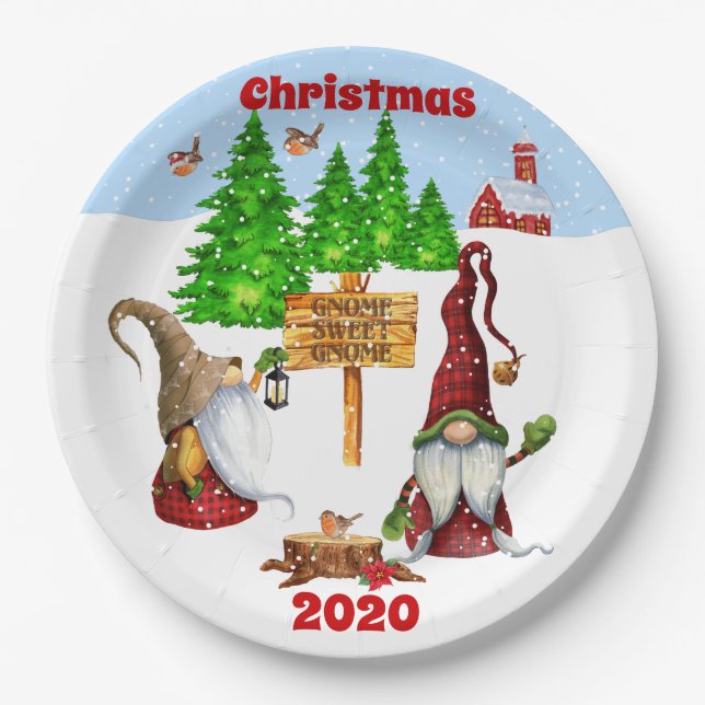 Customizable Home Sweet Home Gnome Winter Scene Paper Plate (Front)