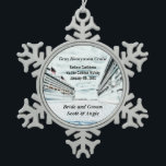 Customizable Honeymoon Cruise Ship Snowflake Pewter Christmas Ornament<br><div class="desc">Personalized keepsake souvenir cruise vacation Christmas tree ornament- This destination wedding cruise honeymoon vacation ornament is completely personalized with the cruise name, ship itinerary details, including the cruise ship name and sailing date. Reads Bride and Groom with personalized names also. Against a coloured pencil drawing of two cruise ships in...</div>