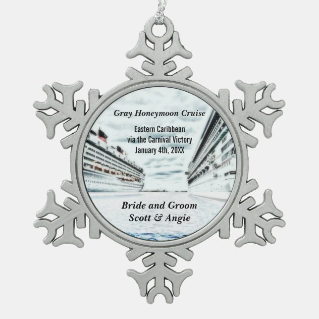 Customizable Honeymoon Cruise Ship Snowflake Pewter Christmas Ornament (Front)