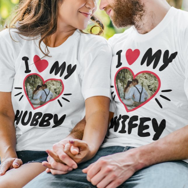 Customizable I Love My [Hubby/Wifey] T-Shirt (Couple look at eachother with matching shirt that say: "I love My Hubby, I Love My Wifey".)