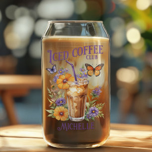 Customizable Iced Coffee Club Vintage Butterfly Can Glass