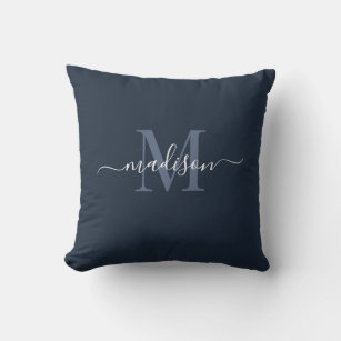 Customizable Initial & Name Dark Sapphire Blue Throw Pillow