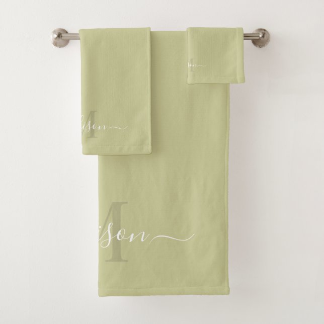 Customizable Initial & Name Dull Olive Green Bath Towel Set (Insitu)
