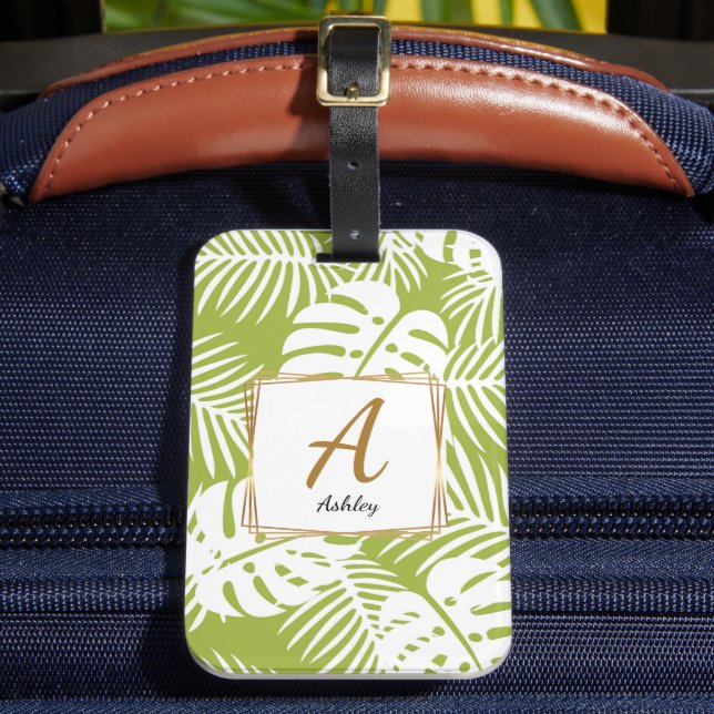 Customizable Initials Green leaves Luggage Tag (Front Insitu 2)
