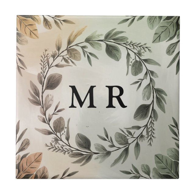 Customizable Initials Wreath - Elegant Monogram Tile (Front)