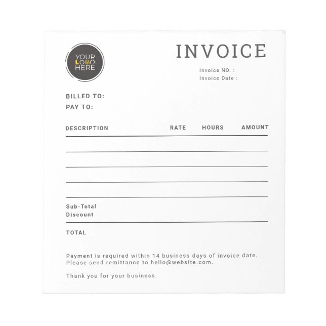 Customizable Invoice Receipt for Small Businesses Notepad (Front)