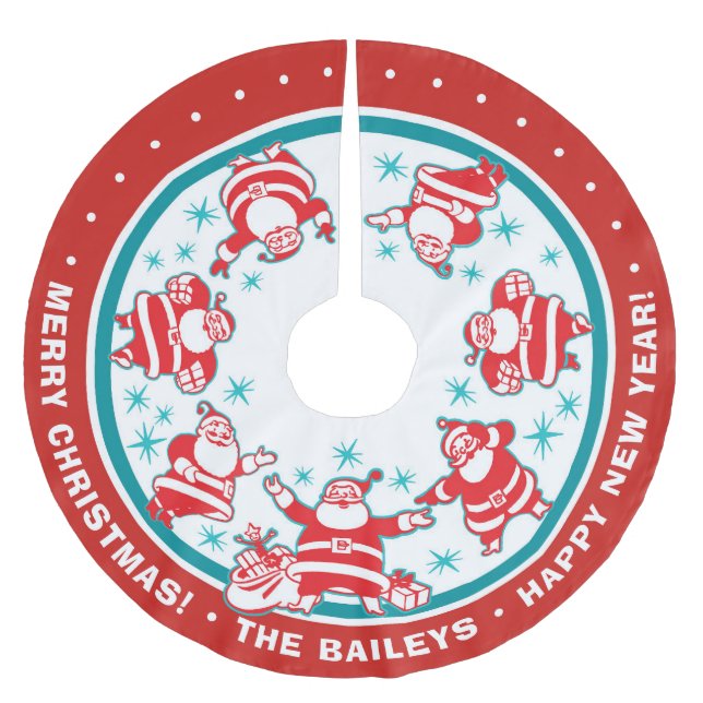 Customizable Jolly Retro Santas Brushed Polyester Tree Skirt (Front)