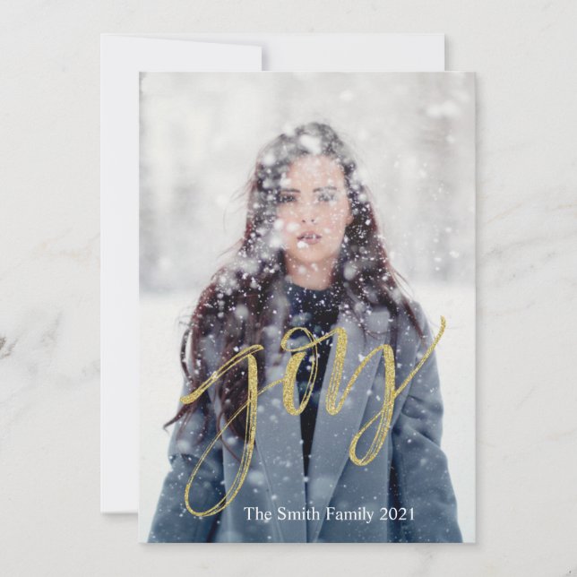 Customizable Joy Faux Gold Script Holiday Card (Front)