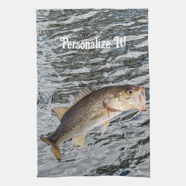 Customizable Jumping Bass Fisherman Kitchen Towel (Vertical)