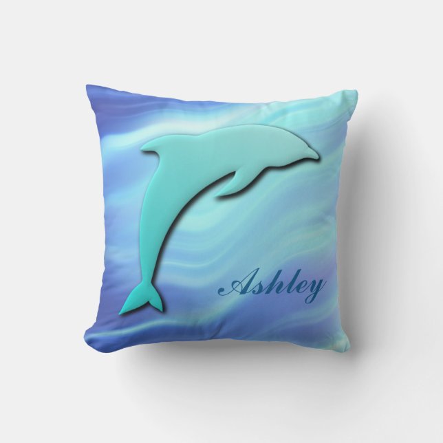 Customizable Jumping Dolphin 3D effect monogram Throw Pillow (Front)