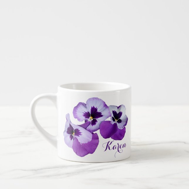 Customizable Karen name purple pansy floral classy Espresso Cup (Left)