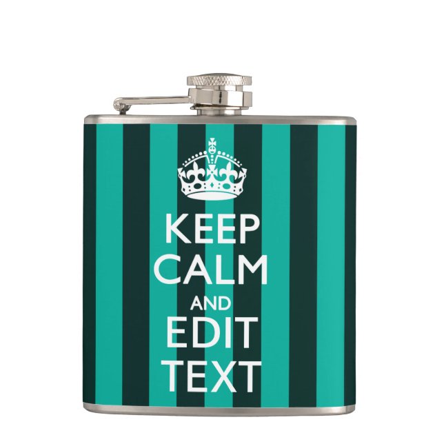 Customizable Keep Calm Your Text Turquoise Stripes Hip Flask (Front)