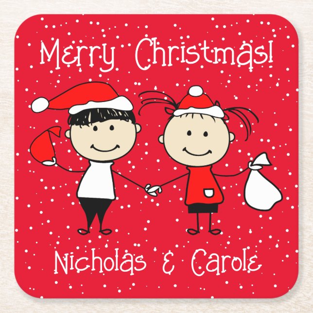 Customizable Kids and Adult Couples Christmas Square Paper Coaster (Front)