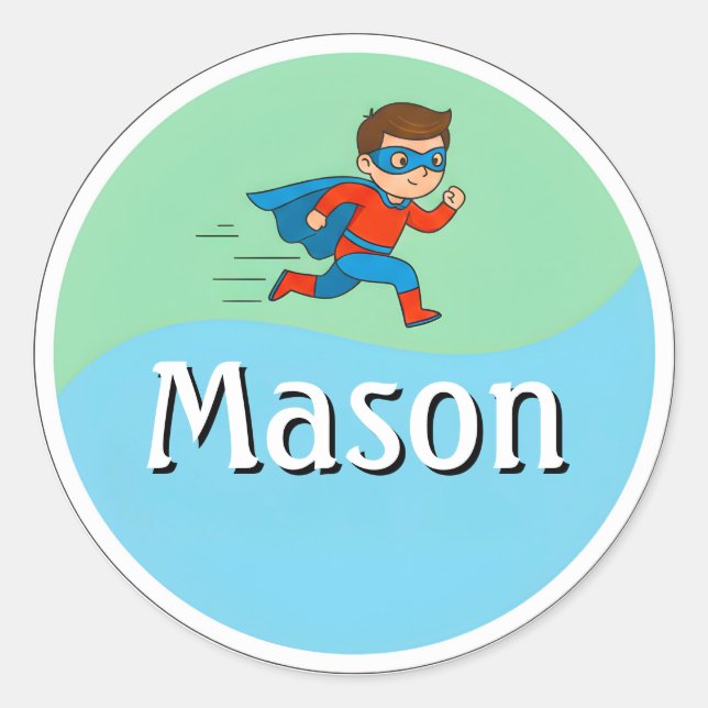Customizable Kids Name Sticker – Running Superhero (Devant)