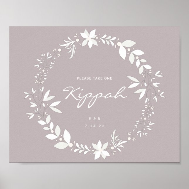 Customizable Kippah Wedding Sign, White & Purple P Poster (Front)