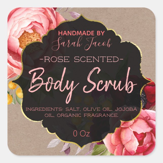 Customizable Kraft Floral Body Scrub Label (Front)