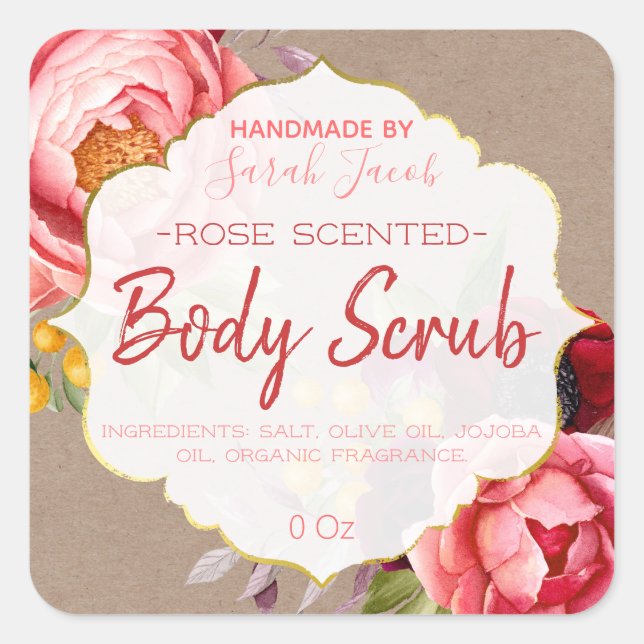 Customizable Kraft Floral Body Scrub Label (Front)