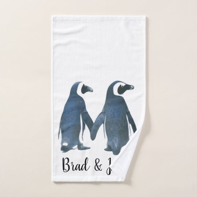Customizable LGBTQ Gay Penguins in Love  Hand Towel (Hand Towel)