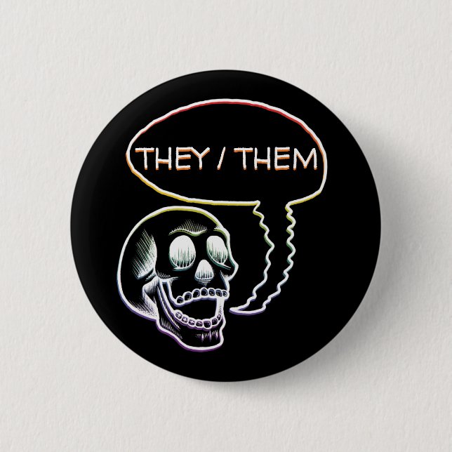 Customizable LGBTQIA+ Rainbow Pride Pronouns Skull 2 Inch Round Button (Front)