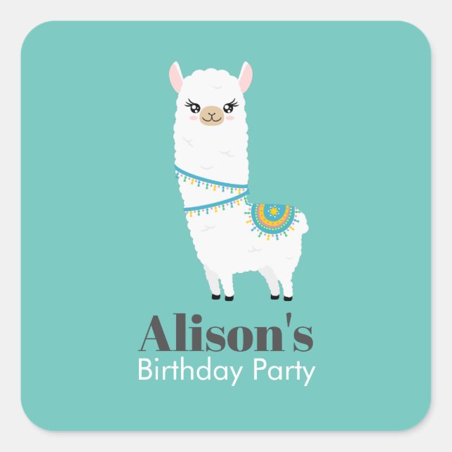 Customizable Llama Birthday Party Square Sticker (Front)