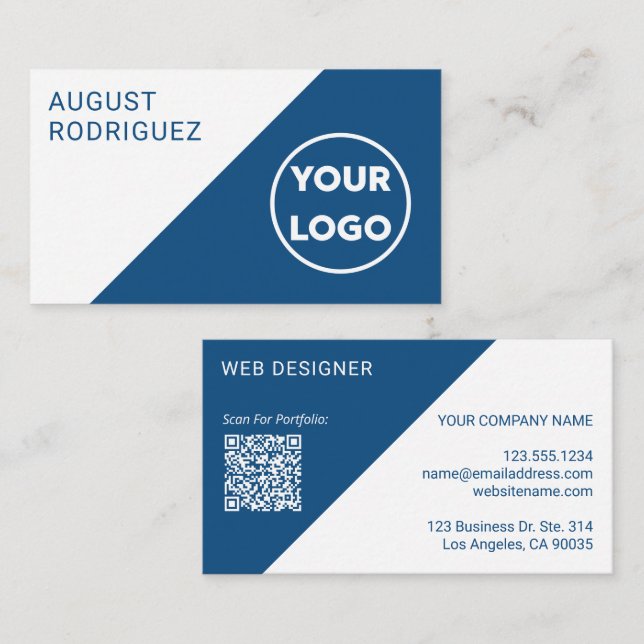 Customizable Logo QR Code Blue White Geometric Business Card (Front/Back)